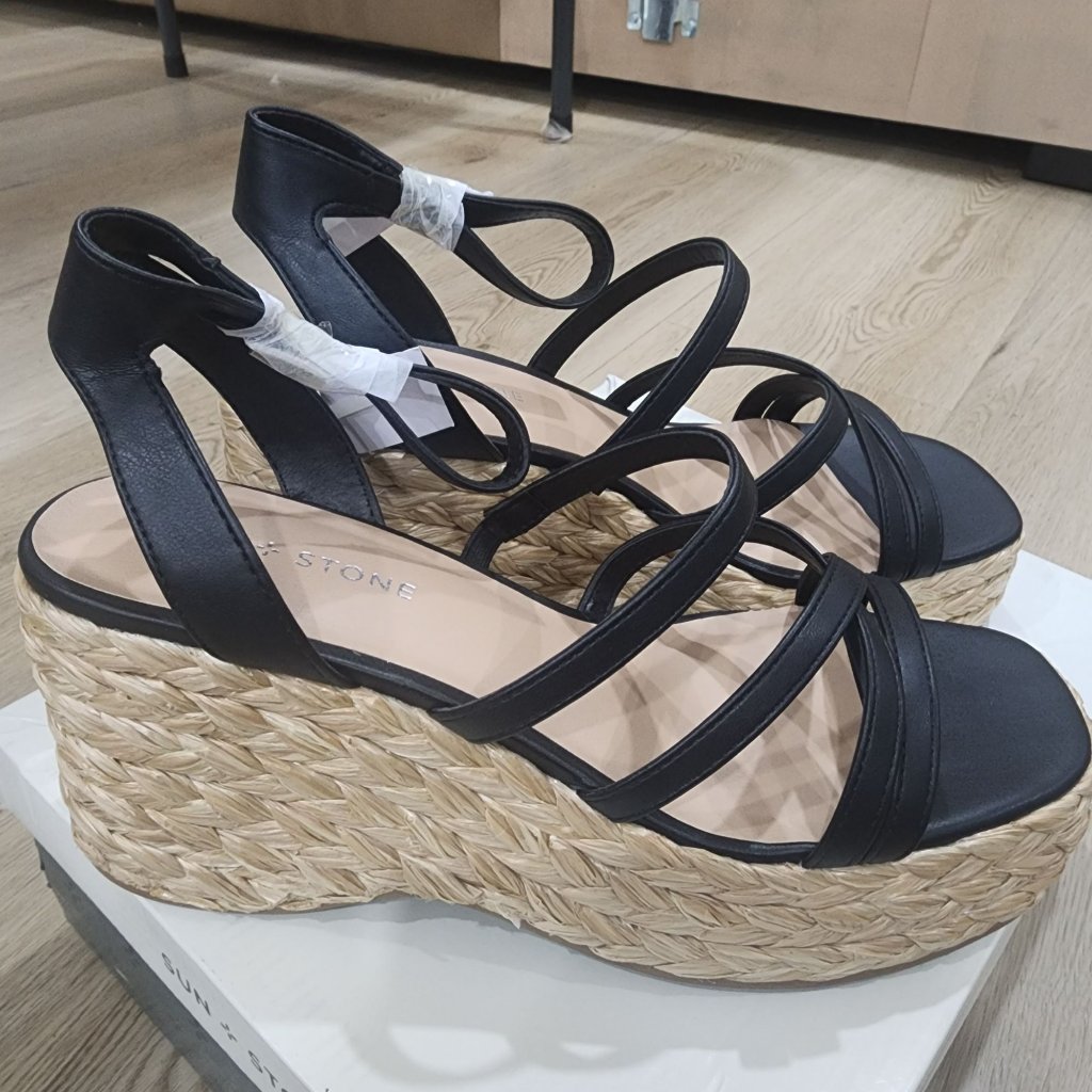 Womens Sun + Stone Black Strappy Wedge Sandals Size 9m With Braided Raffia Platf